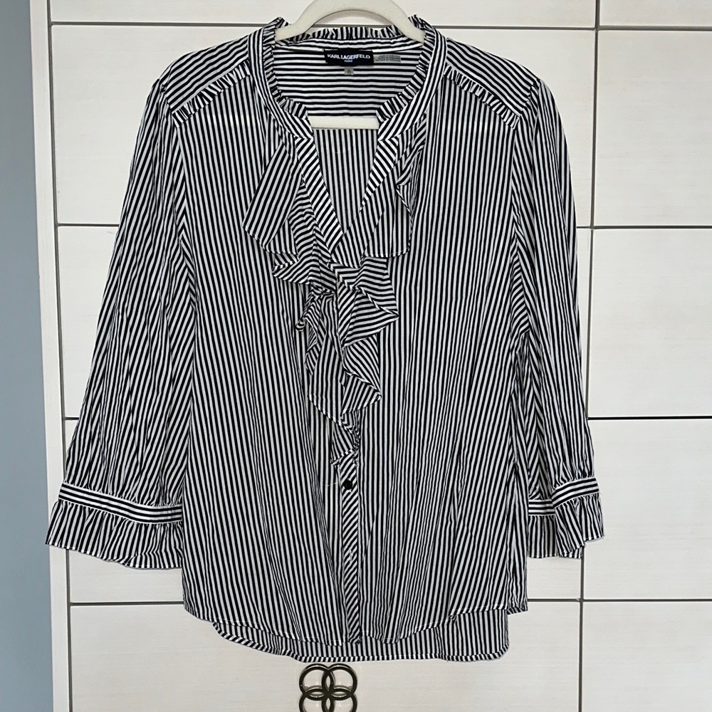 Karl Lagerfeld Paris Ruffle Front Blouse | Size L | Black & White Stripe